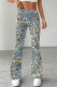 Silver Casual Print Patchwork Boot Cut Mid Waist Full Print Bottoms