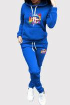 Blue Casual Print Draw String Pocket Patchwork Hooded Long Sleeve Two Pieces