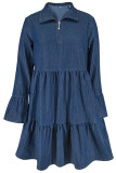 Deep Blue Casual Solid Color Patchwork Zipper Ruffled Trim Zipper Collar Long Sleeve Boot Cut Denim Dresses