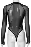 Black Sexy Patchwork See-Through Hot Drill O Neck Skinny Bodysuits