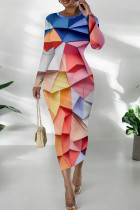 Blue Pink Casual Print Patchwork O Neck Wrapped Skirt Dresses