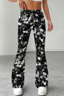 Black Casual Print Patchwork Boot Cut Mid Waist Full Print Bottoms