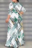 White Green Daily Elegant Geometric Print Lace Up Contrast V Neck Printed Plus Size Dresses