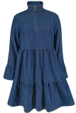 Deep Blue Casual Solid Color Patchwork Zipper Ruffled Trim Zipper Collar Long Sleeve Boot Cut Denim Dresses