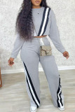 Grey Casual Patchwork Contrast O Neck Long Sleeve Two Pieces
