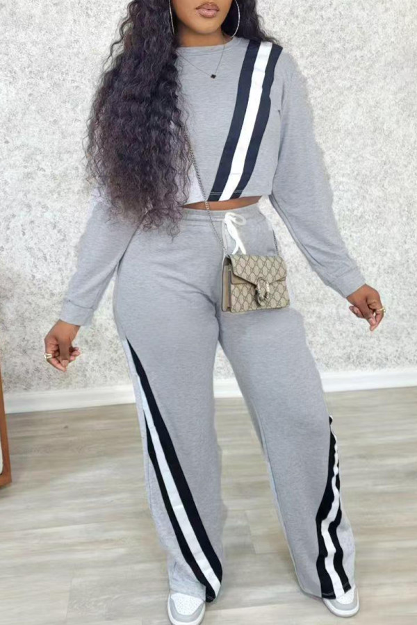 Grey Casual Patchwork Contrast O Neck Long Sleeve Two Pieces