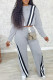 Grey Casual Patchwork Contrast O Neck Long Sleeve Two Pieces