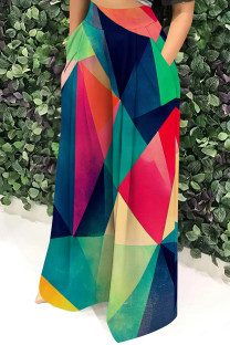 Red Green Casual Print Pocket Patchwork Loose High Waist Wide Leg Full Print Bottoms