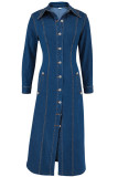 Deep Blue Casual Solid Color Pocket Buckle Patchwork Turndown Collar Long Sleeve Loose Denim Dresses