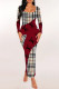 Red Casual Street Plaid Letter Print Contrast U Neck One Step Skirt Dresses