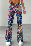 Blue Black Casual Print Patchwork Boot Cut Mid Waist Full Print Bottoms