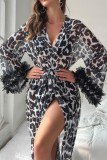 White Sexy Leopard Print Lace Up Patchwork Sleepwear