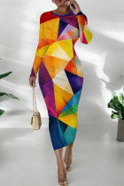 Purple Orange Casual Print Patchwork O Neck Wrapped Skirt Dresses
