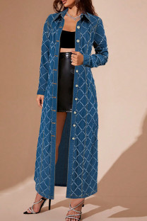 Deep Blue Casual Plaid Buckle Patchwork Turndown Collar Long Sleeve Loose Denim Jacket
