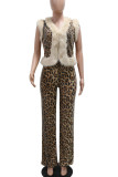 Apricot Casual Leopard Print Patchwork Fluffy Deep V Neck Two Pieces