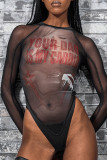 Black Sexy Patchwork See-Through Hot Drill O Neck Skinny Bodysuits