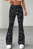 Blue Black Casual Print Patchwork Boot Cut Mid Waist Full Print Bottoms