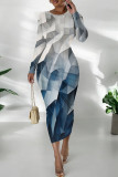 Blue White Casual Print Patchwork O Neck Wrapped Skirt Dresses