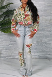 Apricot Casual Letters Embroidered Turndown Collar Outerwear