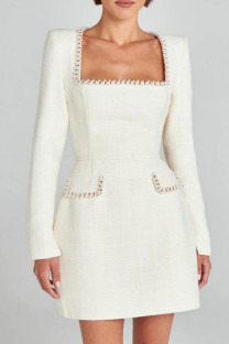 White Elegant Solid Color Patchwork Square Neck A Line Dresses
