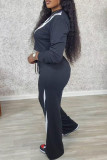 Grey Casual Patchwork Contrast O Neck Long Sleeve Two Pieces