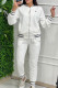 White Casual Street Letters Embroidered Patchwork Zipper Texture Contrast Mandarin Collar Long Sleeve Two Pieces