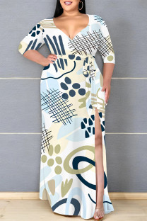 Blue White Daily Elegant Geometric Print Lace Up Contrast V Neck Printed Plus Size Dresses