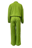Green Casual Solid Color Draw String Pocket Patchwork Zipper Zipper Collar Long Sleeve Two Pieces