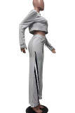 Grey Casual Patchwork Contrast O Neck Long Sleeve Two Pieces