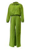Green Casual Solid Color Draw String Pocket Patchwork Zipper Zipper Collar Long Sleeve Two Pieces