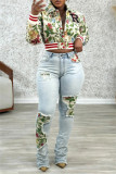 Apricot Casual Letters Embroidered Turndown Collar Outerwear
