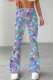 Blue Casual Print Patchwork Boot Cut Mid Waist Full Print Bottoms