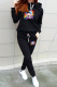Black Casual Print Draw String Pocket Patchwork Hooded Long Sleeve Two Pieces