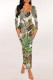 Green Elegant Floral Print Letters U Neck One Step Skirt Dresses