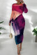 Purple Casual Print Patchwork O Neck Wrapped Skirt Dresses