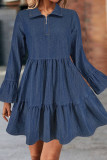 Deep Blue Casual Solid Color Patchwork Zipper Ruffled Trim Zipper Collar Long Sleeve Boot Cut Denim Dresses