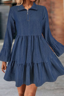 Deep Blue Casual Solid Color Patchwork Zipper Ruffled Trim Zipper Collar Long Sleeve Boot Cut Denim Dresses