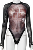 Black Sexy Patchwork See-Through Hot Drill O Neck Skinny Bodysuits