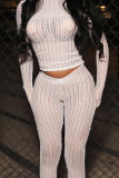 White Sexy Solid Color Hollow Out Patchwork See-Through O Neck Long Sleeve Two Pieces