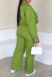 Green Casual Solid Color Draw String Pocket Patchwork Zipper Zipper Collar Long Sleeve Two Pieces