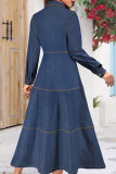 Deep Blue Casual Solid Color Buckle Patchwork Turndown Collar Long Sleeve Boot Cut Denim Dresses