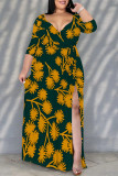 White Green Daily Elegant Geometric Print Lace Up Contrast V Neck Printed Plus Size Dresses