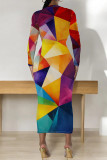 Blue White Casual Print Patchwork O Neck Wrapped Skirt Dresses