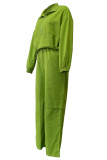 Green Casual Solid Color Draw String Pocket Patchwork Zipper Zipper Collar Long Sleeve Two Pieces