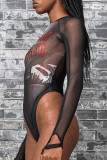 Black Sexy Patchwork See-Through Hot Drill O Neck Skinny Bodysuits