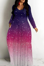 Purple And White Casual Print Patchwork O Neck Long Dresses