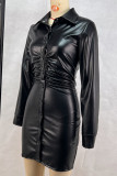 Black Daily Solid Color Buckle Patchwork Turndown Collar Dresses