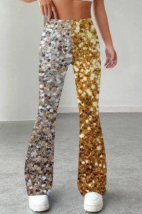 Gold Casual Print Patchwork Boot Cut Mid Waist Full Print Bottoms