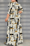 White Green Daily Elegant Geometric Print Lace Up Contrast V Neck Printed Plus Size Dresses