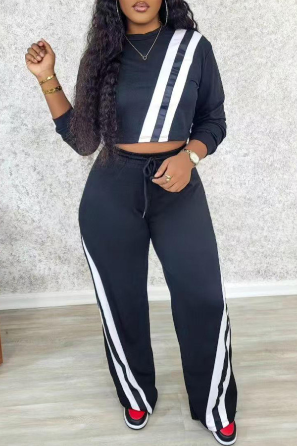 Black Casual Patchwork Contrast O Neck Long Sleeve Two Pieces